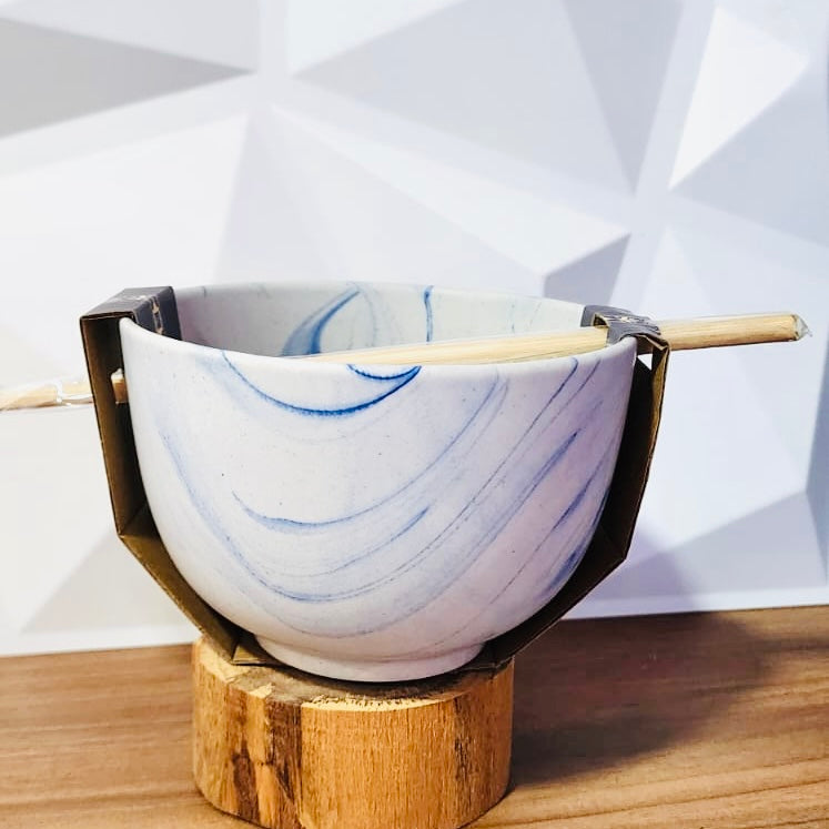 Ceramic Bowl - Blue Lines with Chopsticks