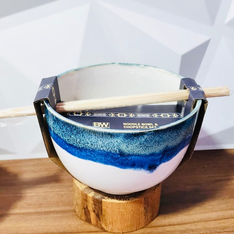 Ceramic Bowl - Blue Drops with Chopsticks