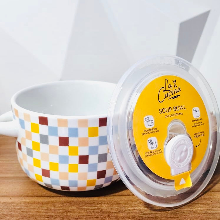 Ceramic Bowl with Grid Print