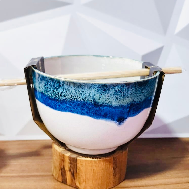 Ceramic Bowl - Blue Drops with Chopsticks