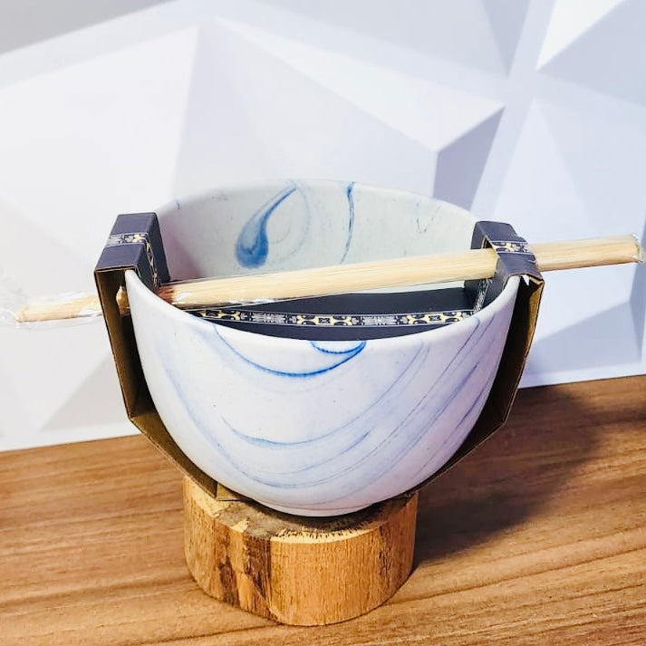 Ceramic Bowl - Blue Lines with Chopsticks